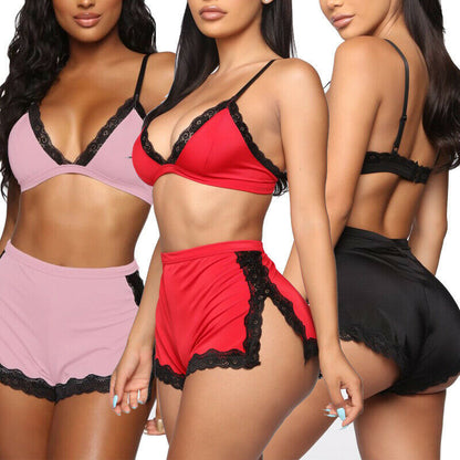 Conjunto de Lencería y Pijama de Encaje con Escote Pronunciado en V para Mujer