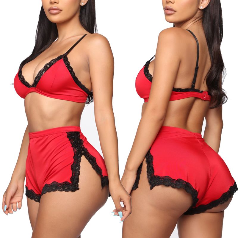 Conjunto de Lencería y Pijama de Encaje con Escote Pronunciado en V para Mujer