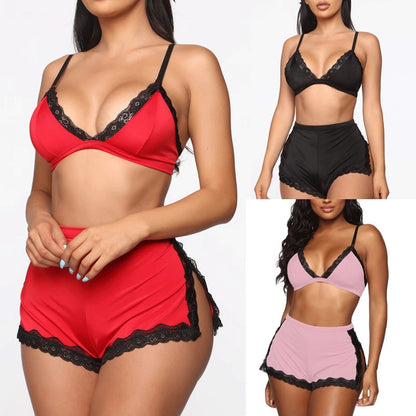 Conjunto de Lencería y Pijama de Encaje con Escote Pronunciado en V para Mujer