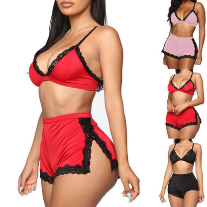Conjunto de Lencería y Pijama de Encaje con Escote Pronunciado en V para Mujer
