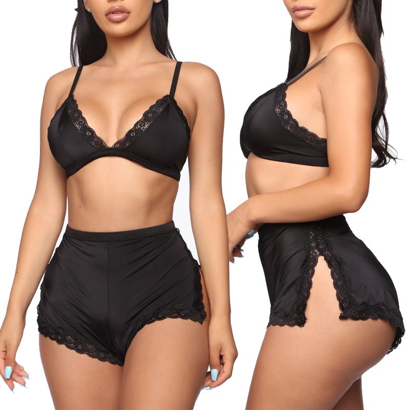 Conjunto de Lencería y Pijama de Encaje con Escote Pronunciado en V para Mujer